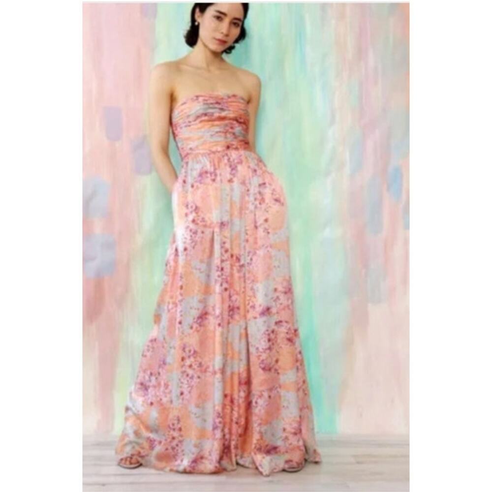 AMUR Kallia Jumpsuit 100% Silk Floral Patchwork Strapless Wide Leg Multicolor 6